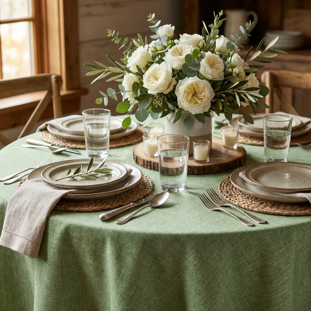 Imitation Burlap Table Linen in Sage