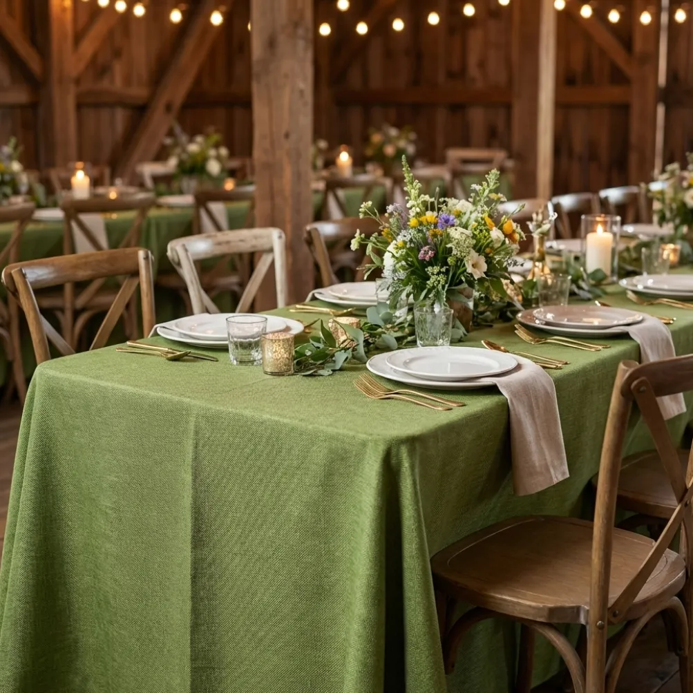 Imitation Burlap Table Linen in Willow Green