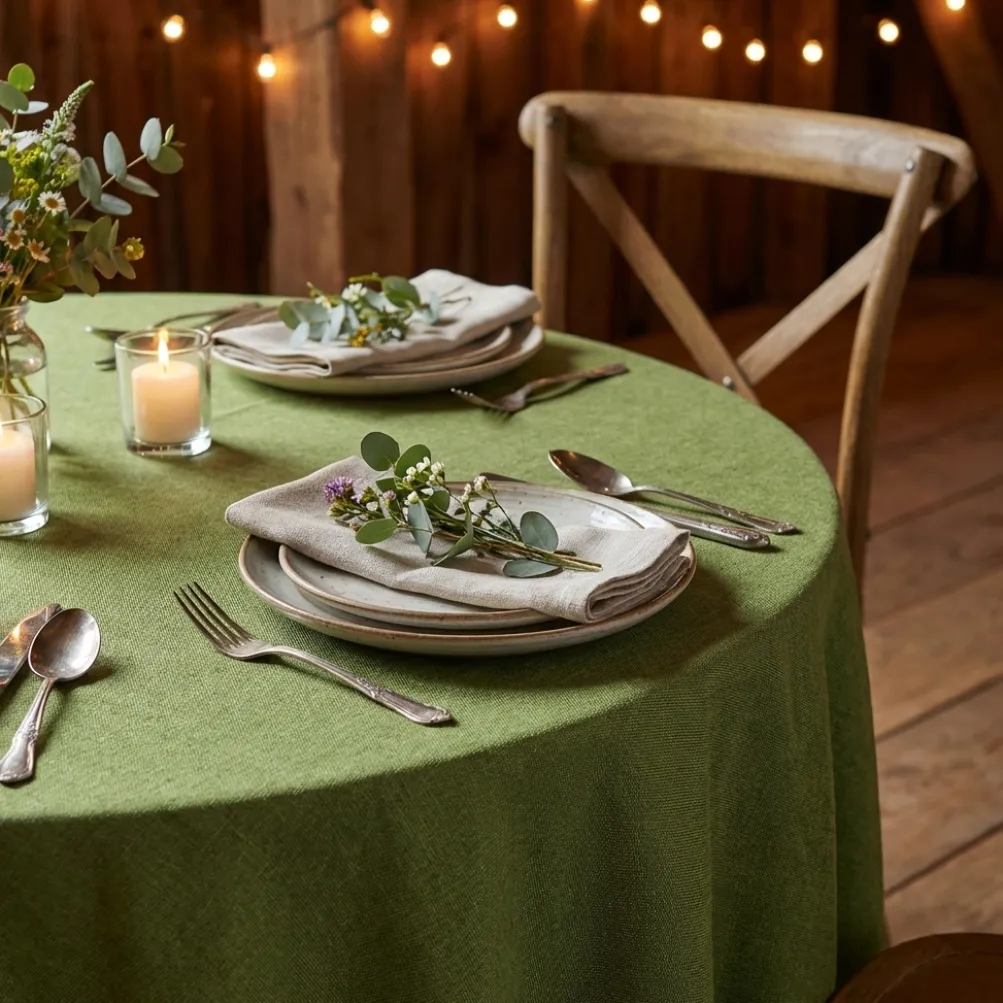 Imitation Burlap Table Linen in Willow Green