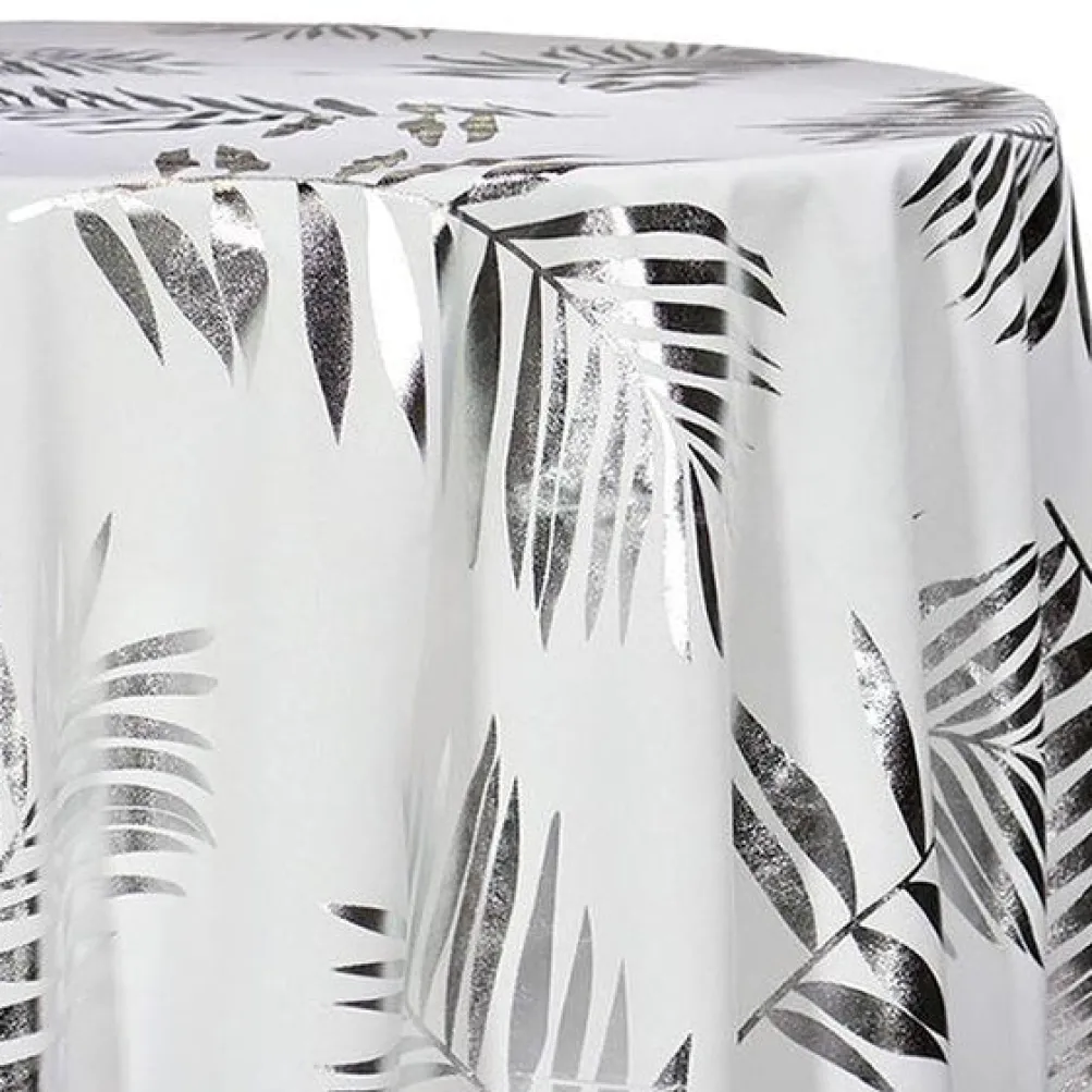 Leaf (Metallic Print) Table Linen in White and Silver