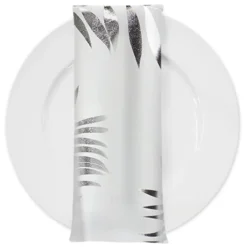 Leaf (Metallic Print) Table Napkin in White and Silver