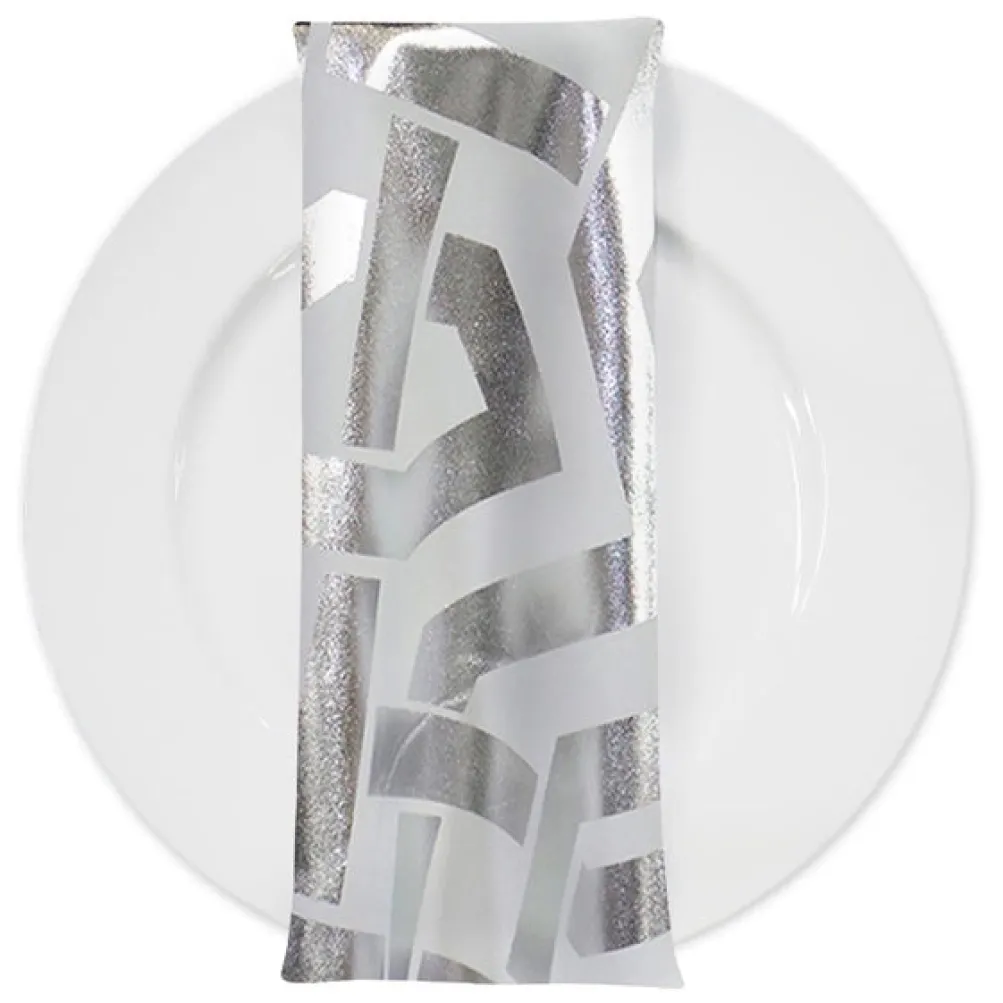 Majestic (Metallic Print) Table Napkin in White and Silver