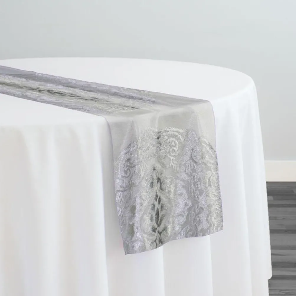 Medallion Jacquard Sheer Table Runner in Silver