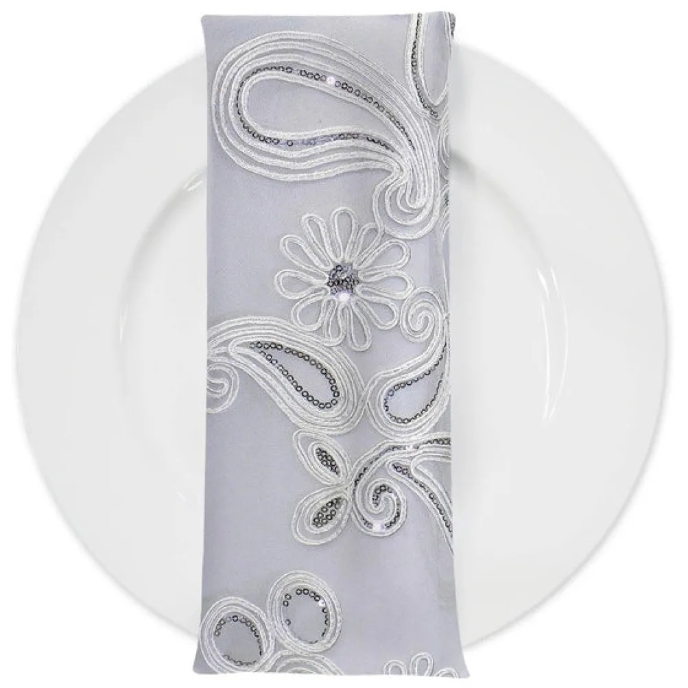Paisley Floret Sequins (w/ Poly Lining) Table Napkin in White
