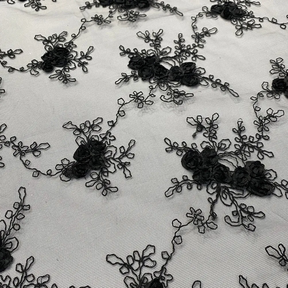 10pcs - Baby Rose Embroidery Table Runner 14"x108" - Black