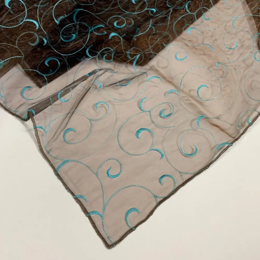 10pcs - Swirl Embroidery Sheer - 72"x72" Square - Turquoise on Brown