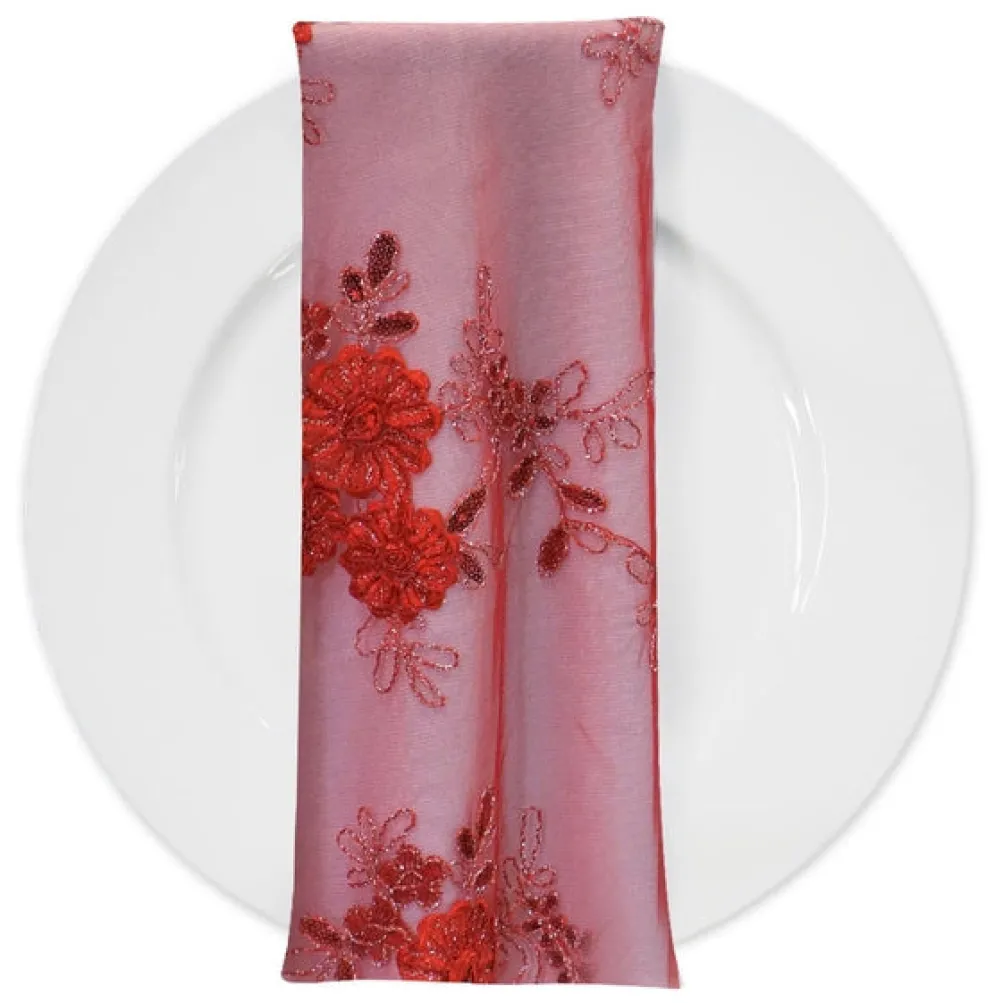 Ribbon Mesh Lace (w/ Poly Lining) Table Napkin in Red