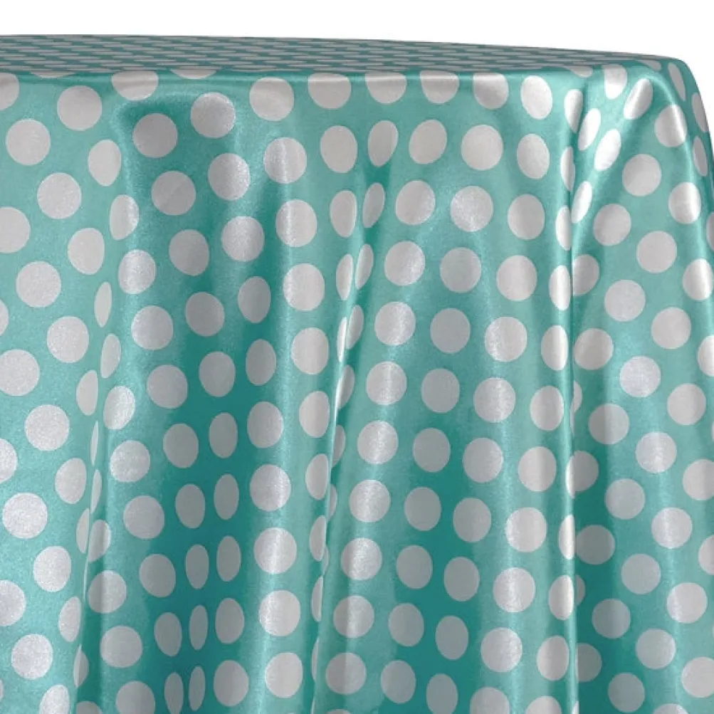 Satin Polka Dot Table Linen in White and Teal Green