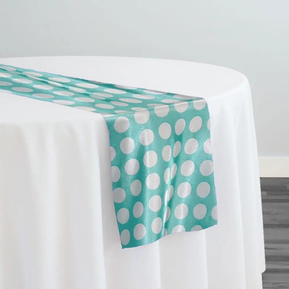 Satin Polka Dot Table Runner in White and Teal Green
