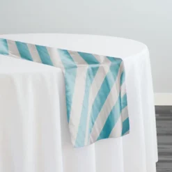 2" Satin Stripe Table Runner in White and Aqua