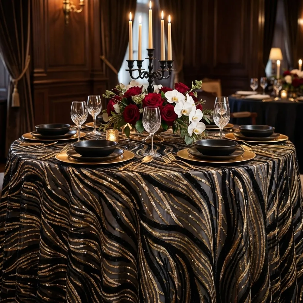 Skyfall Sequins Table Linen in Black and Gold