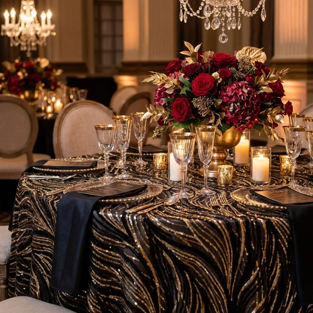 Skyfall Sequins Table Linen in Black and Gold