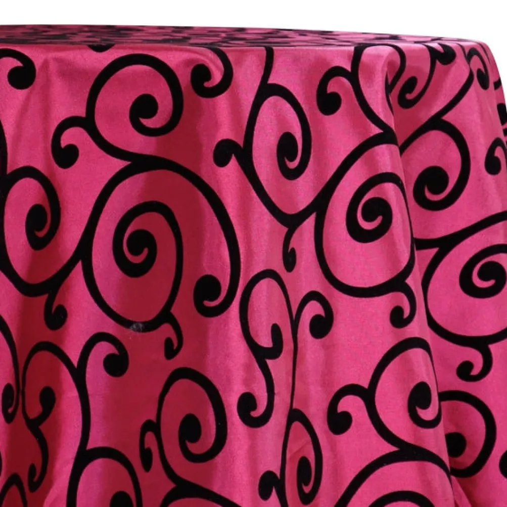 Swirl Flocking Taffeta Table Linen in Black on Fuchsia