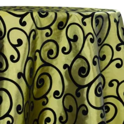 Swirl Flocking Taffeta Table Linen in Black on Olive