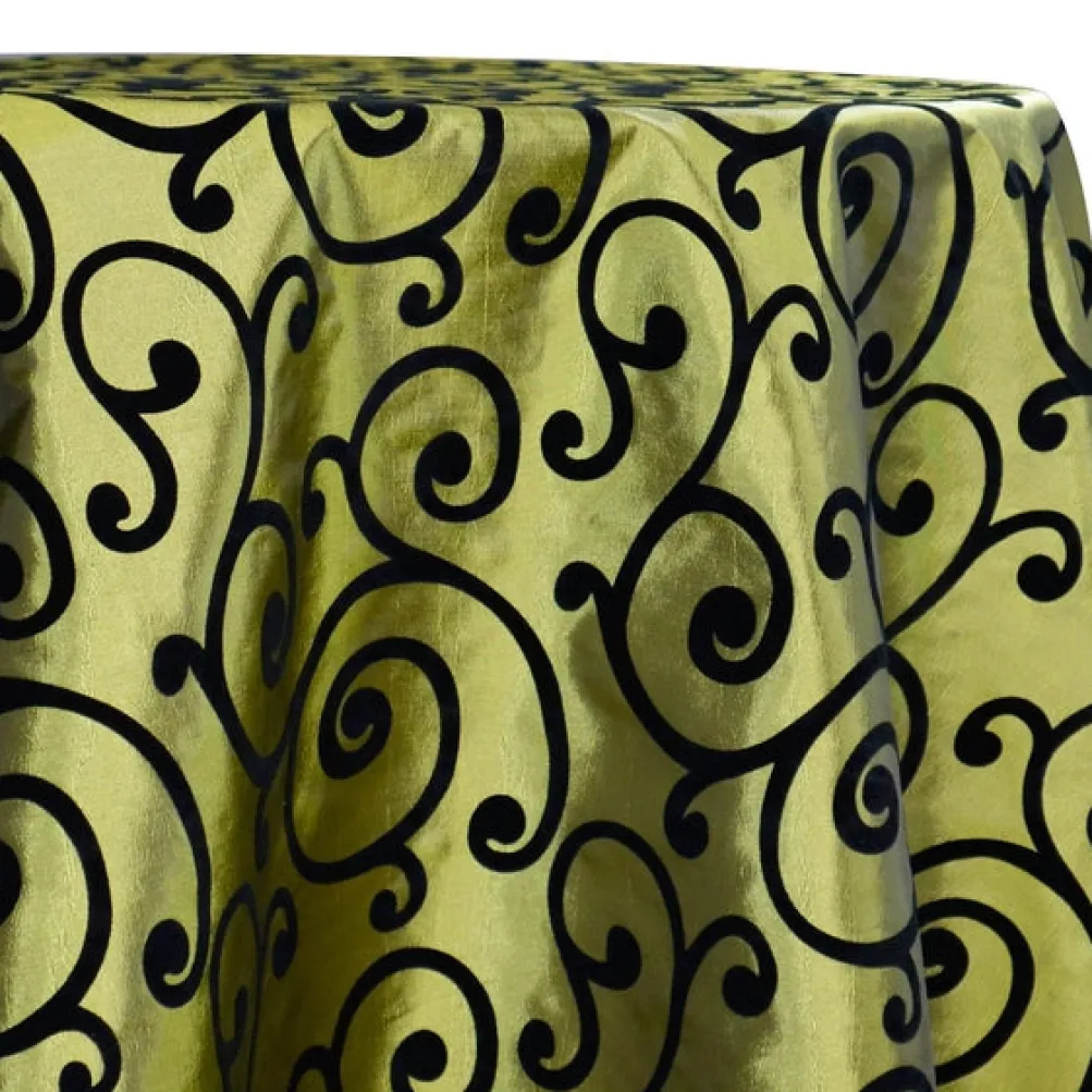 Swirl Flocking Taffeta Table Linen in Black on Olive