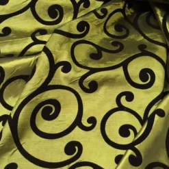 Swirl Flocking Taffeta Table Linen in Black on Olive