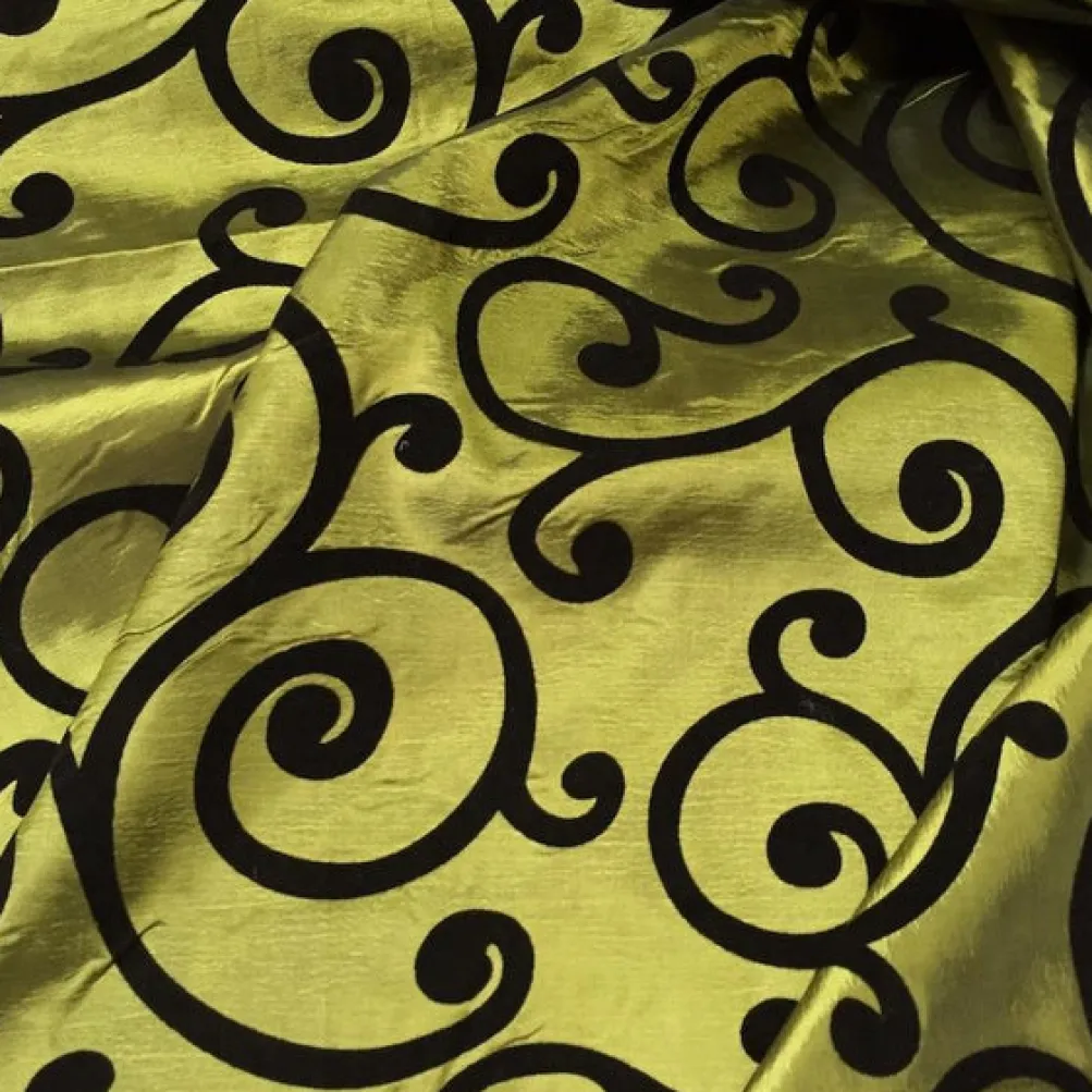 Swirl Flocking Taffeta Table Linen in Black on Olive