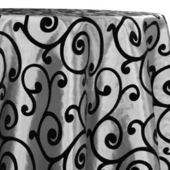 Swirl Flocking Taffeta Table Linen in Black on Silver