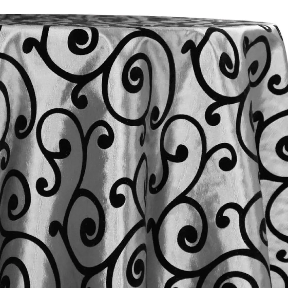Swirl Flocking Taffeta Table Linen in Black on Silver