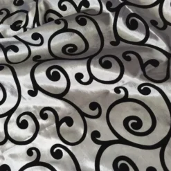 Swirl Flocking Taffeta Table Linen in Black on Silver