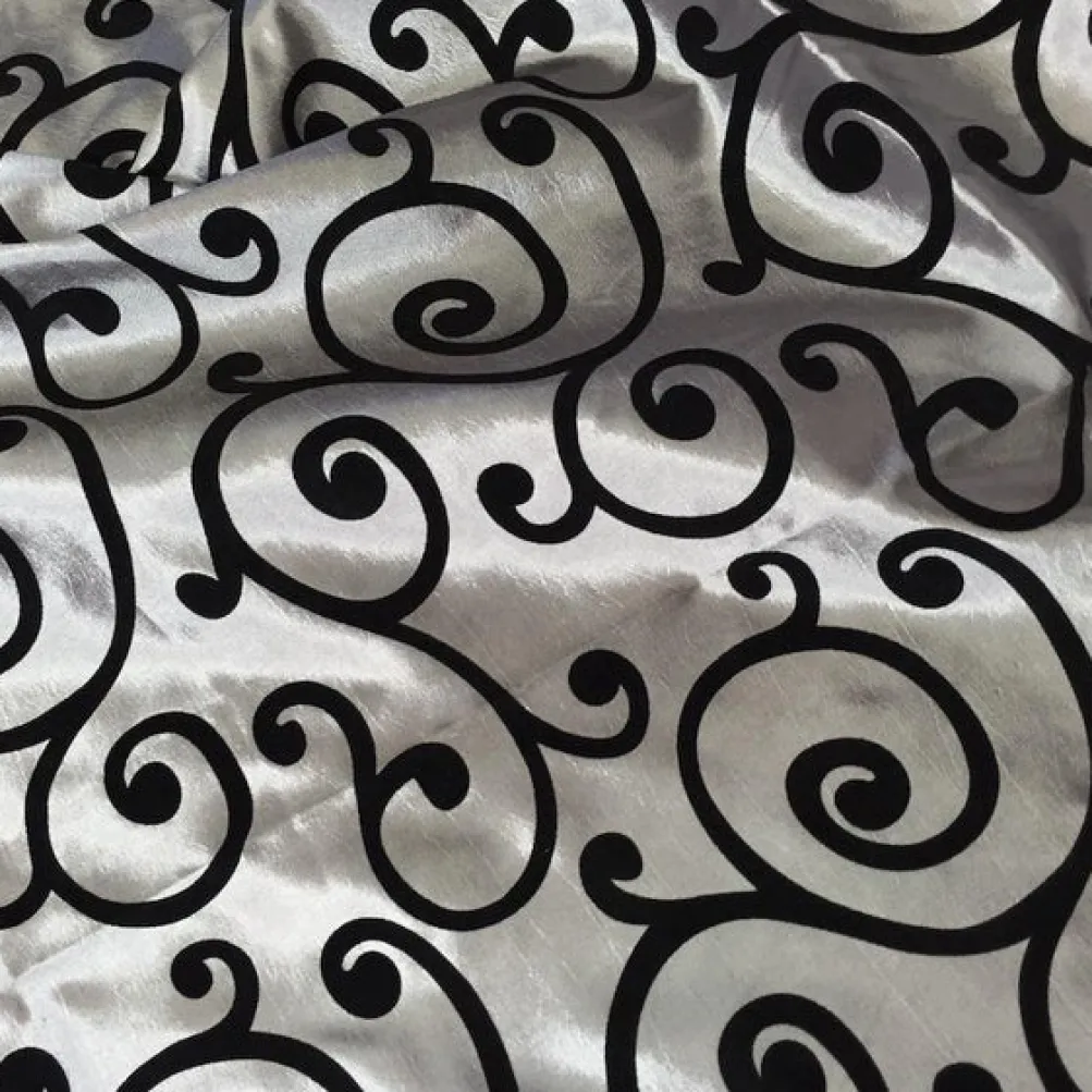 Swirl Flocking Taffeta Table Linen in Black on Silver