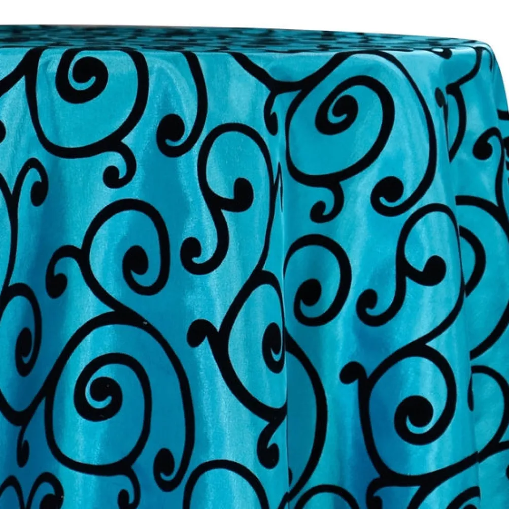Swirl Flocking Taffeta Table Linen in Black on Turquoise