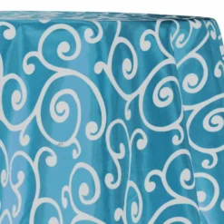 Swirl Flocking Taffeta Table Linen in Silver on Turquoise