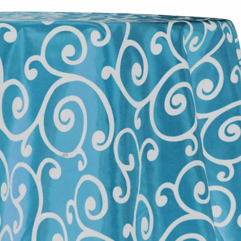 Swirl Flocking Taffeta Table Linen in Silver on Turquoise