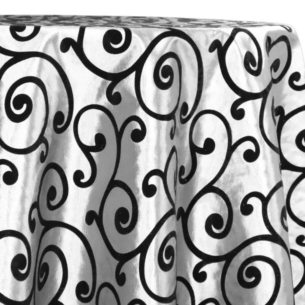 Swirl Flocking Taffeta Table Linen in Black on White