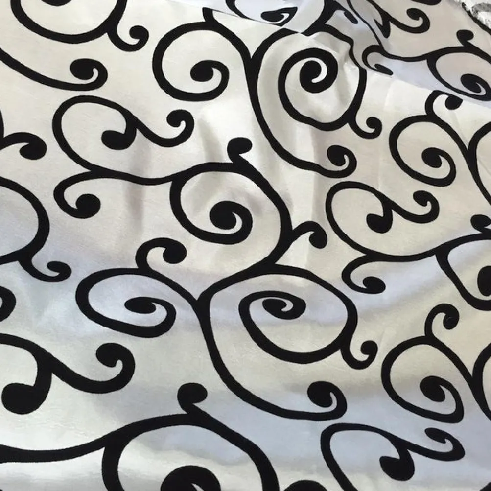 Swirl Flocking Taffeta Table Linen in Black on White