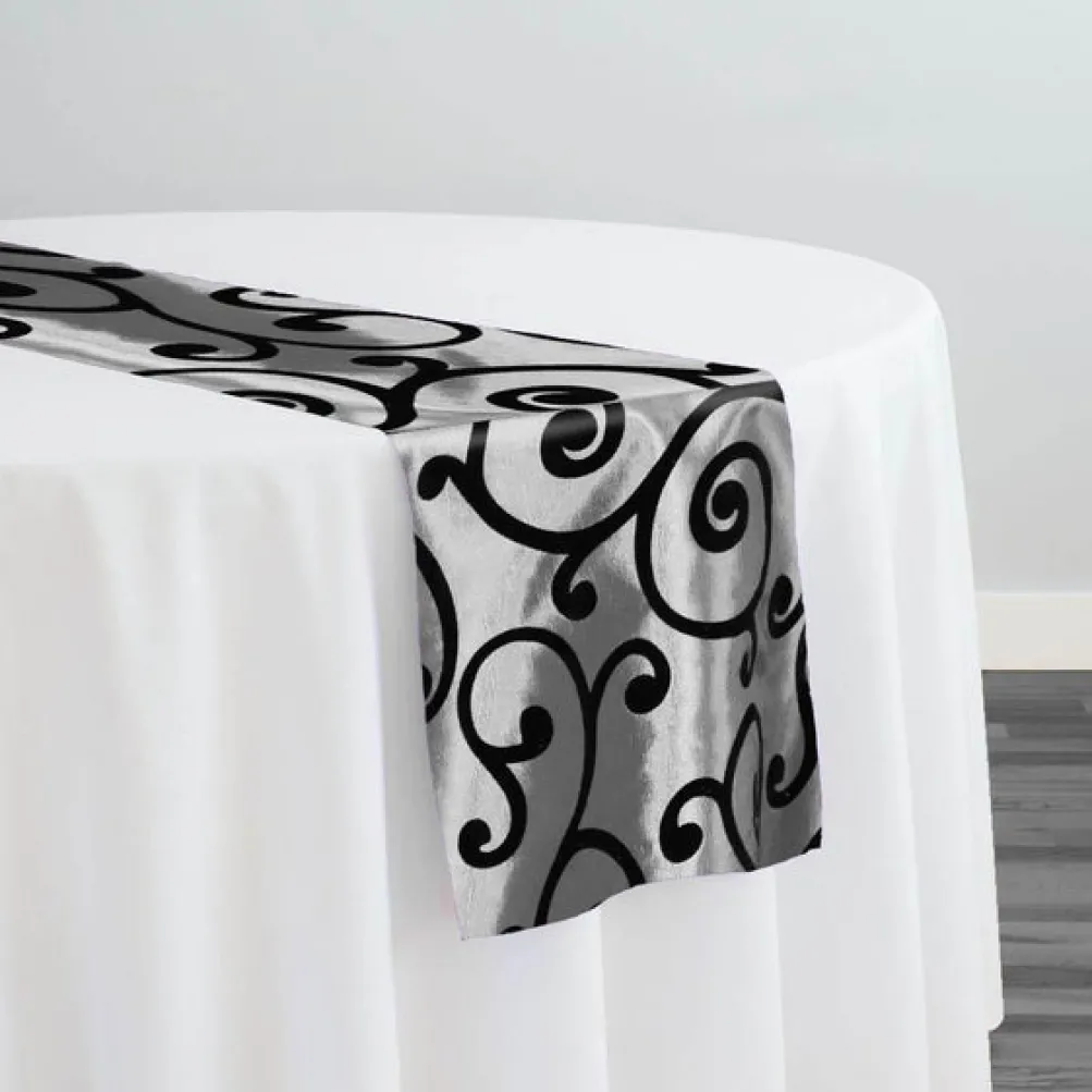 Swirl Flocking Taffeta Table Runner in Black on Silver