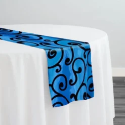 Swirl Flocking Taffeta Table Runner in Black on Royal