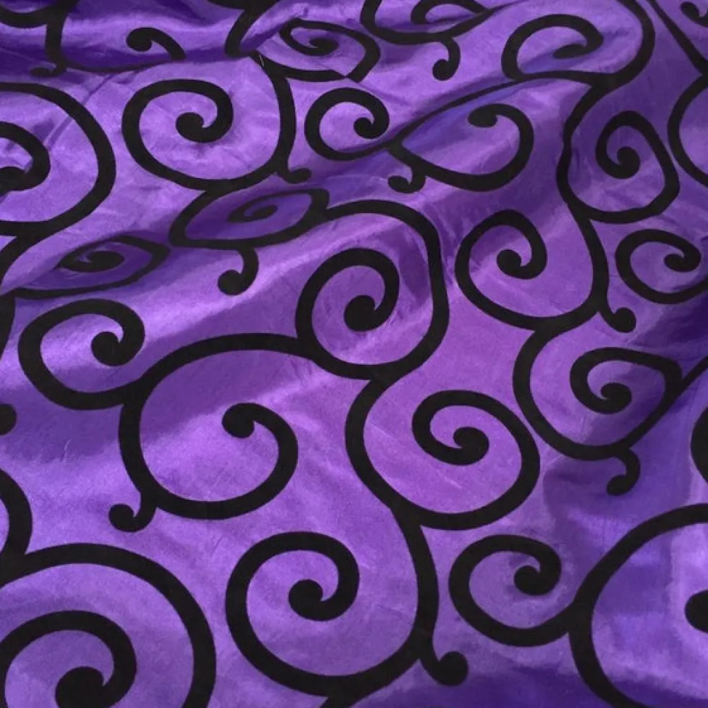 Swirl Flocking Taffeta Table Runner in Black on Purple