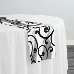 Swirl Flocking Taffeta Table Runner in Black on White
