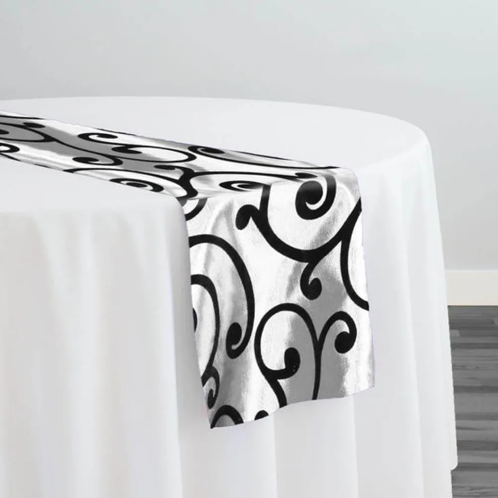 Swirl Flocking Taffeta Table Runner in Black on White