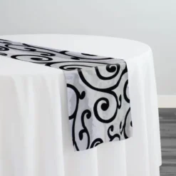 Swirl Flocking Taffeta Table Runner in Black on Ivory
