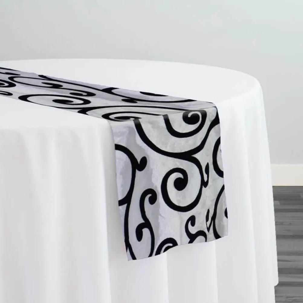 Swirl Flocking Taffeta Table Runner in Black on Ivory