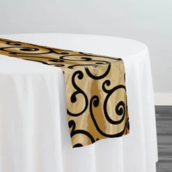 Swirl Flocking Taffeta Table Runner in Black on Gold