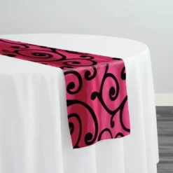 Swirl Flocking Taffeta Table Runner in Black on Fuchsia