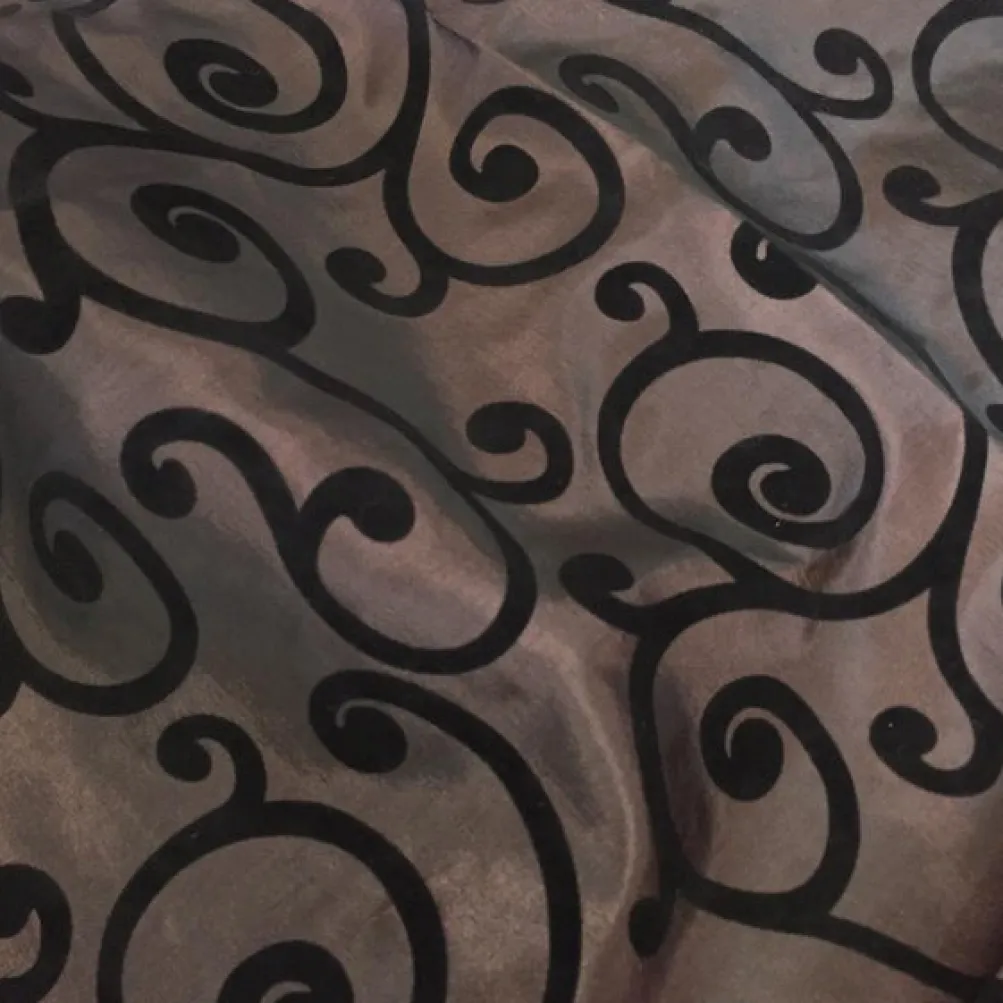 Swirl Flocking Taffeta Table Runner in Black on Brown