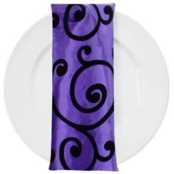 Swirl Flocking Taffeta Table Napkins in Black and Purple