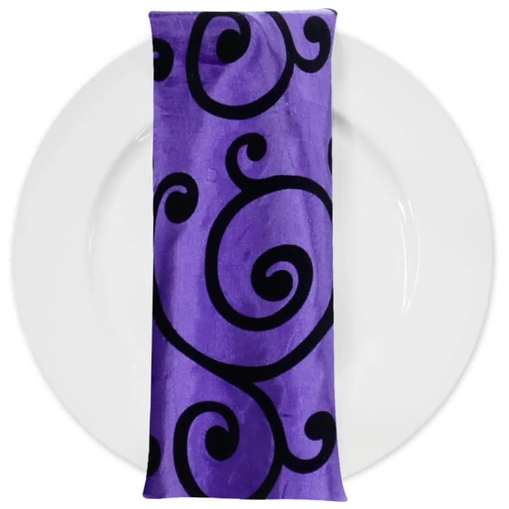Swirl Flocking Taffeta Table Napkins in Black and Purple