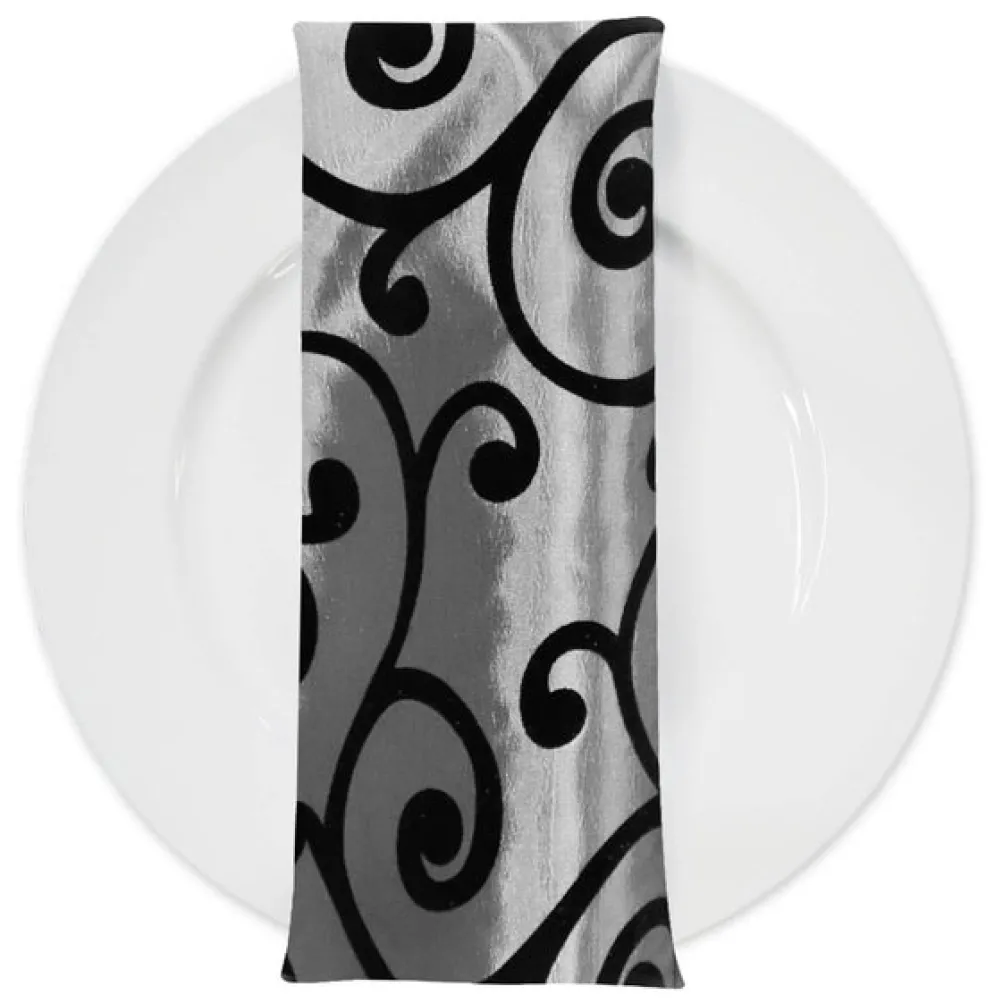 Swirl Flocking Taffeta Table Napkins in Black and Silver