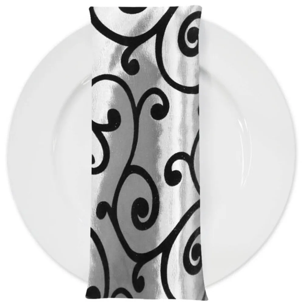 Swirl Flocking Taffeta Table Napkins in Black and White