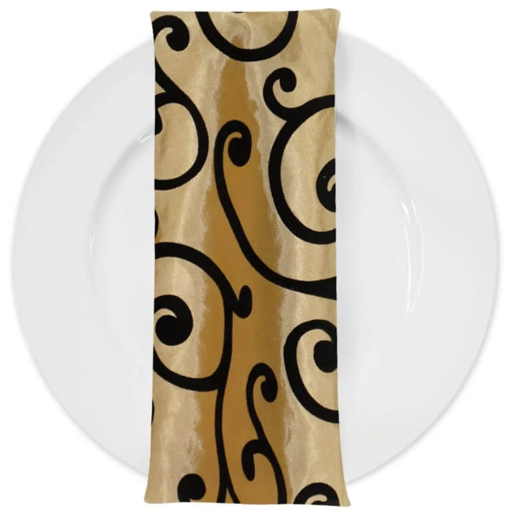 Swirl Flocking Taffeta Table Napkins in Black and Gold