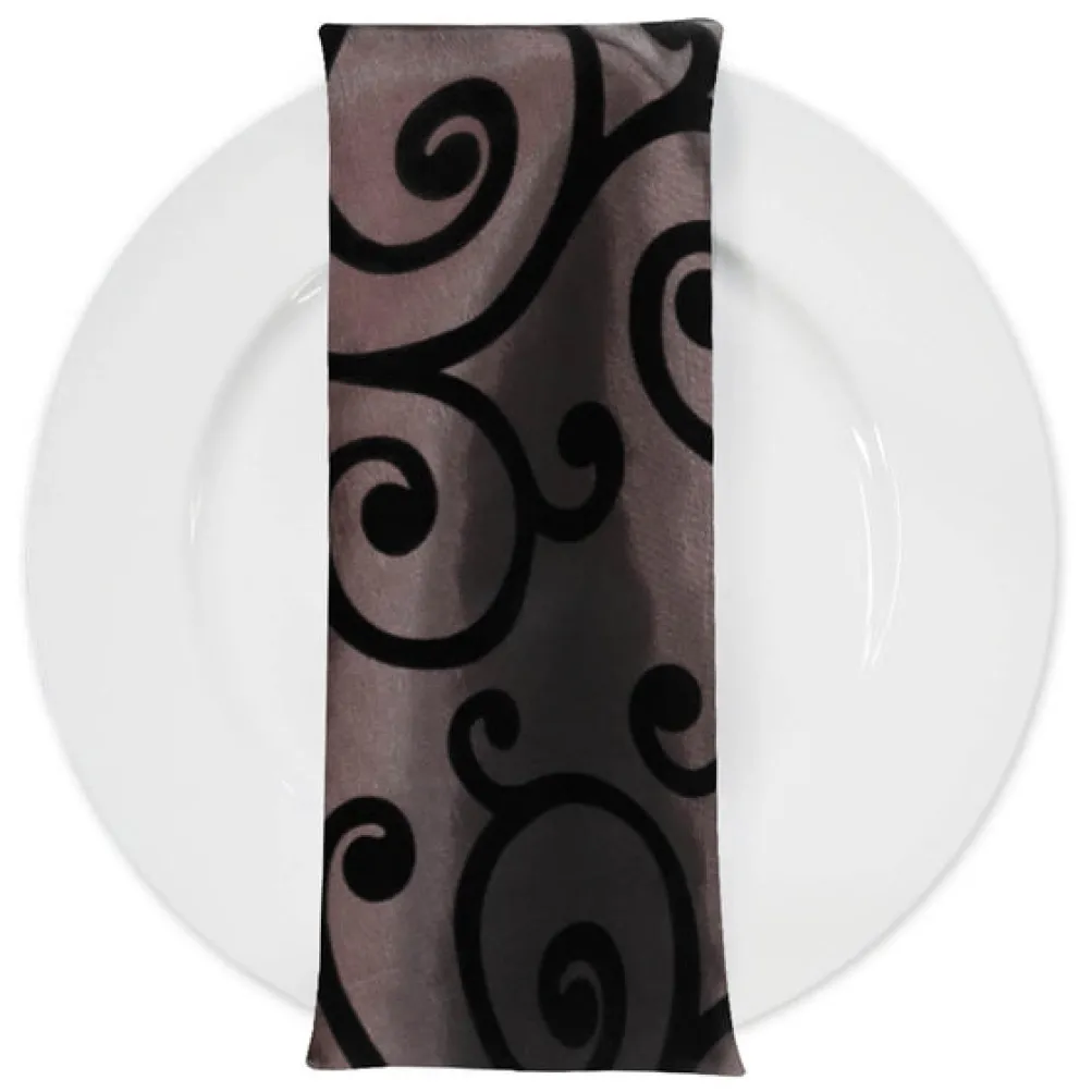 Swirl Flocking Taffeta Table Napkins in Black and Brown