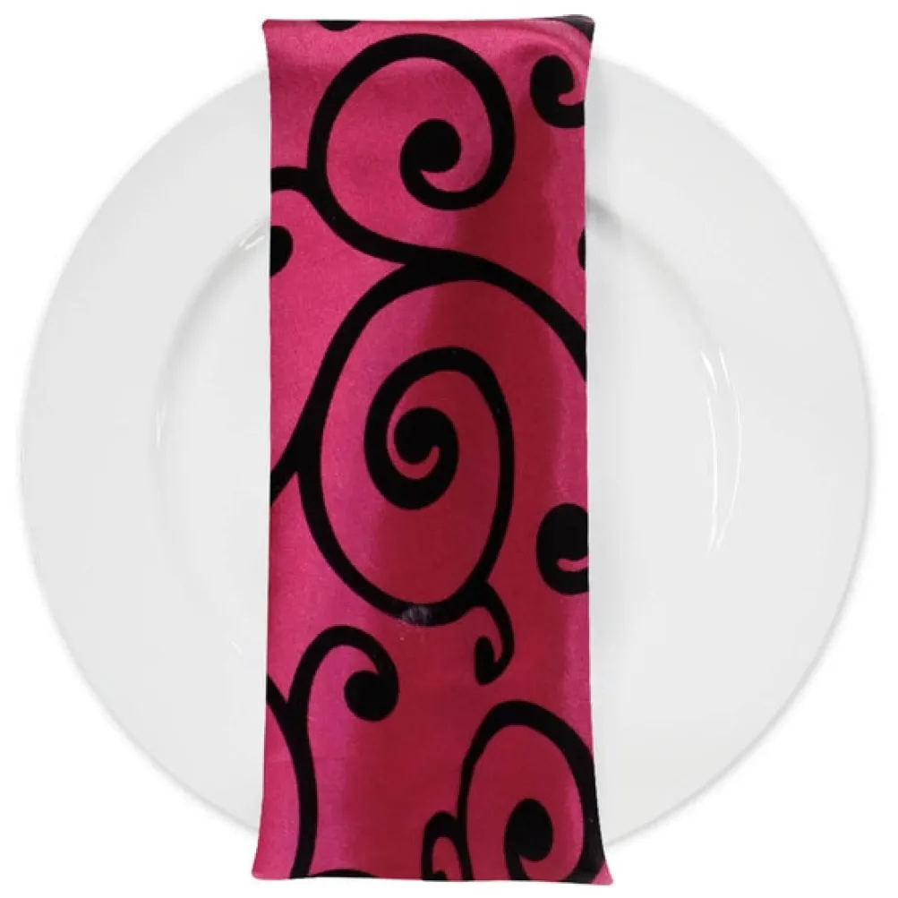 Swirl Flocking Taffeta Table Napkins in Black and Fuchsia