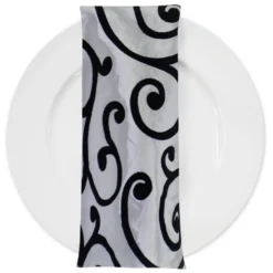 Swirl Flocking Taffeta Table Napkins in Black and Ivory