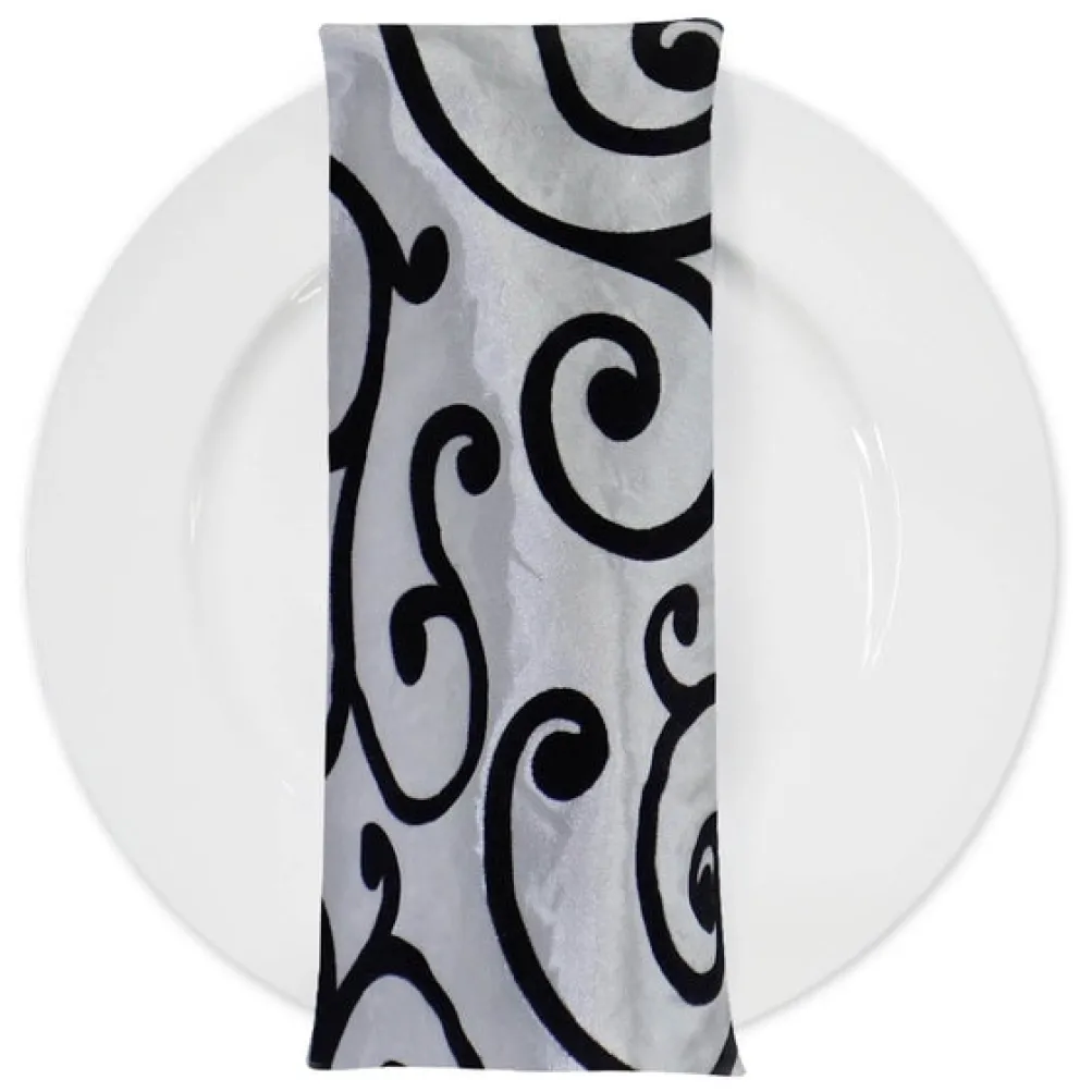 Swirl Flocking Taffeta Table Napkins in Black and Ivory