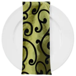 Swirl Flocking Taffeta Table Napkins in Black and Olive